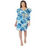 Women's Lycra Tie - Dye Printed Knee Length Puff Sleeve Round Neck Bodycon Dress, Blue