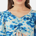 Women's Lycra Tie - Dye Printed Knee Length Puff Sleeve Round Neck Bodycon Dress, Blue