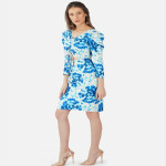 Women's Lycra Tie - Dye Printed Knee Length Puff Sleeve Round Neck Bodycon Dress, Blue