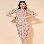 Floral Print Lycra Midi Dress with Ruffle Sleeves, Women's Large, Kaylee