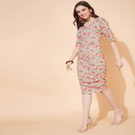 Floral Print Lycra Midi Dress with Ruffle Sleeves, Women's Large, Kaylee